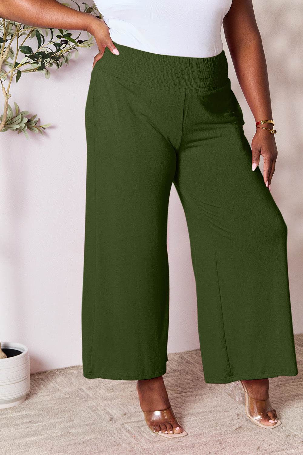 Basic Bae Full Size Smocked Wide Waistband Wide Leg Pants - Hovatok