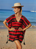 Angel Wings Tassel Openwork Striped V-Neck Cover Up - Hovatok