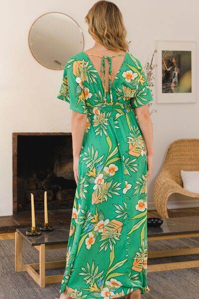 ODDI Full Size Floral Smocked Tied Back Maxi Dress - Hovatok