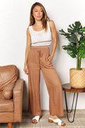 Double Take Drawstring Smocked Waist Wide Leg Pants - Hovatok