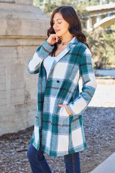 Double Take Full Size Plaid Button Up Lapel Collar Coat - Hovatok
