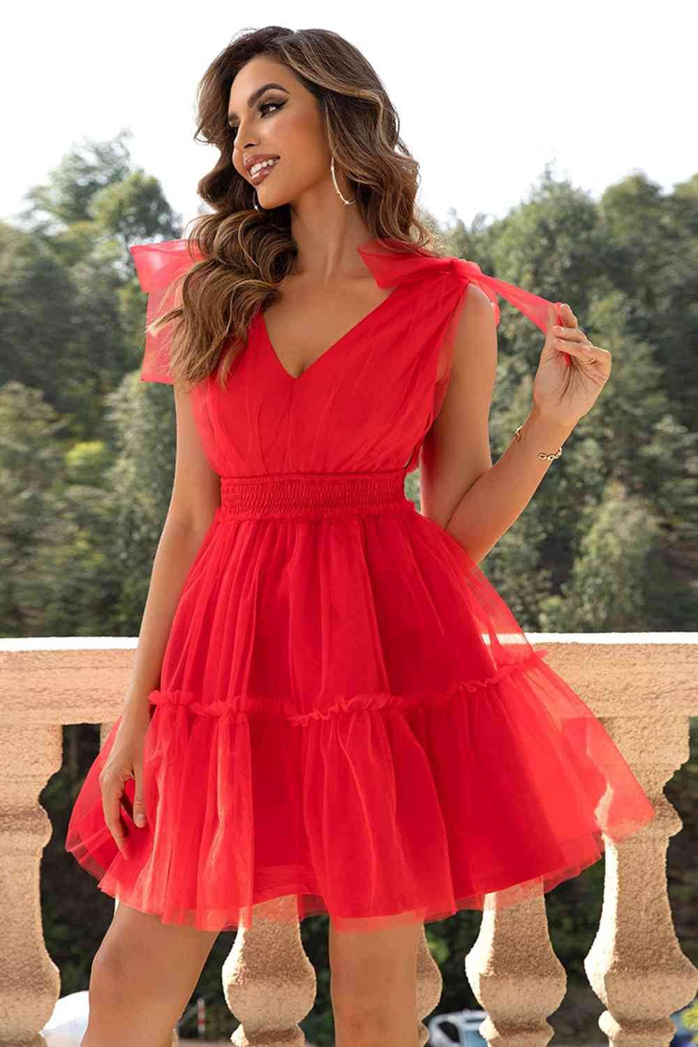 V-Neck Shoulder Detail Mesh Dress - Hovatok