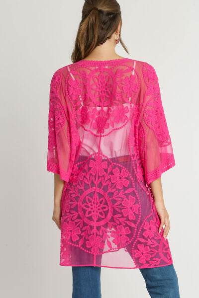 Umgee Full Size Floral Lace Open Front Kimono Sleevee Cover Up with Waist Tie Plus Size - Hovatok