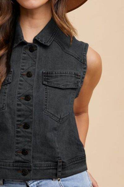Annie Wear Collared Neck Button Down Denim Vest - Hovatok