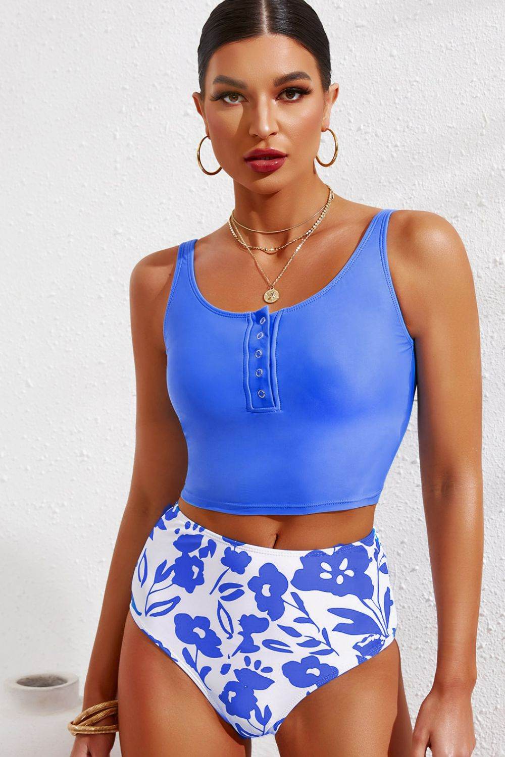 Half Snap Square Neck Tankini Set - Hovatok