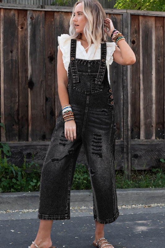 Distressed Wide Strap Denim Overalls - Hovatok