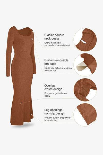 Basic Bae Built-In Shapewear Square Neck Long Sleeve Maxi Dress - Hovatok