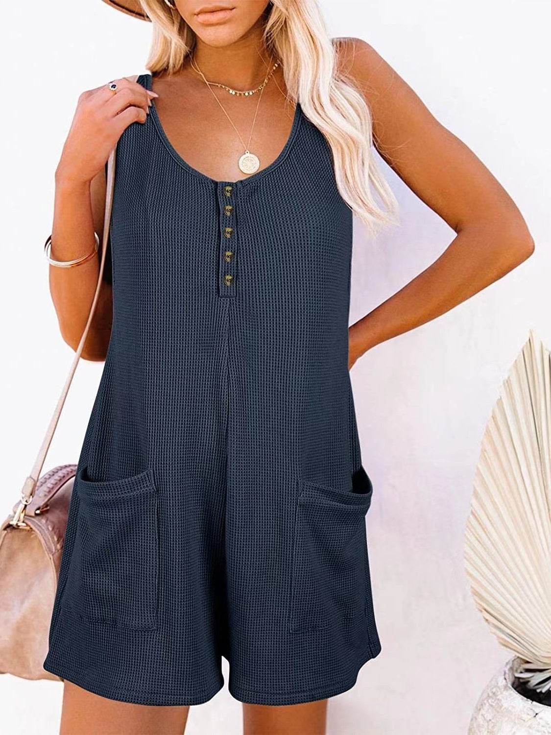 Full Size Pocketed Scoop Neck Sleeveless Romper - Hovatok