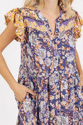 Mittoshop Floral Ruffled Notched Cap Sleeve Maxi Dress - Hovatok