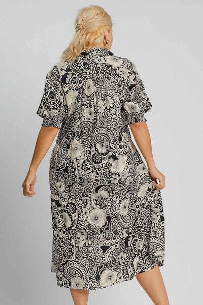 Umgee Full Size Printed Smocked Cuff Puff Sleeve Midi Dress Plus Size - Hovatok