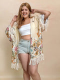 Plus Size Fringe Printed Open Front Cardigan - Hovatok