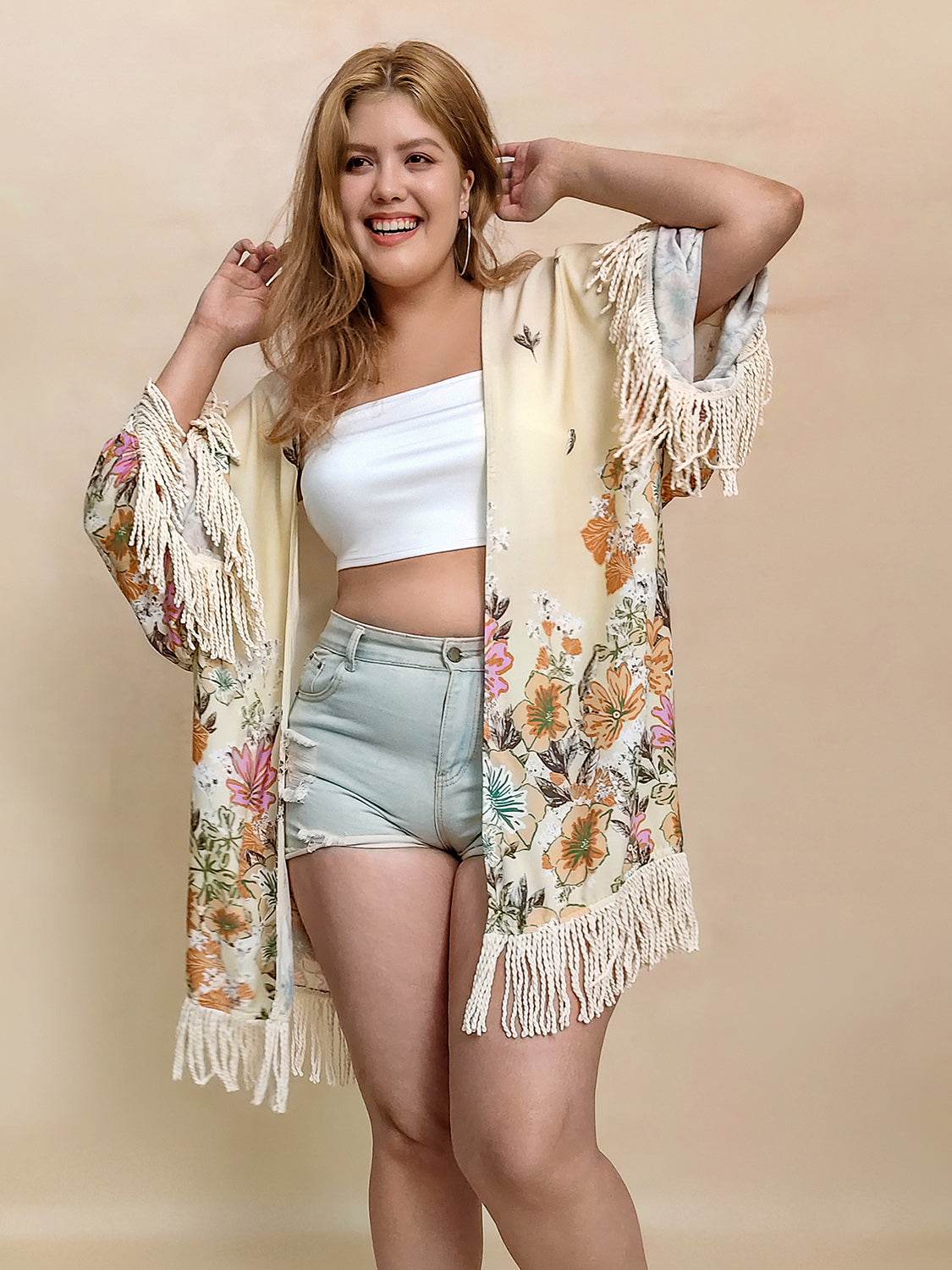 Plus Size Fringe Printed Open Front Cardigan - Hovatok