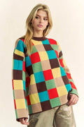 Davi & Dani Color Block Checkered Dropped Shoulder Sweater - Hovatok