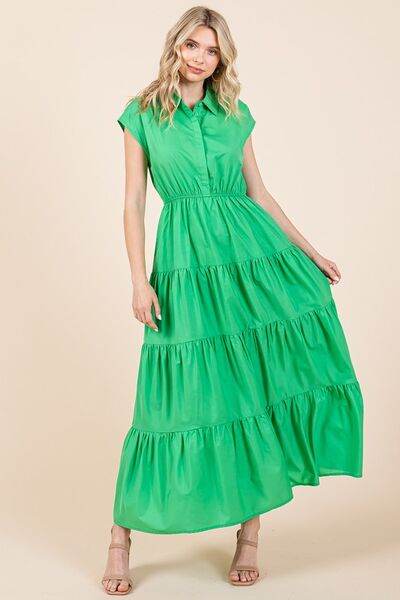 Mittoshop Button Up Collared Tiered Maxi Shirt Dress - Hovatok