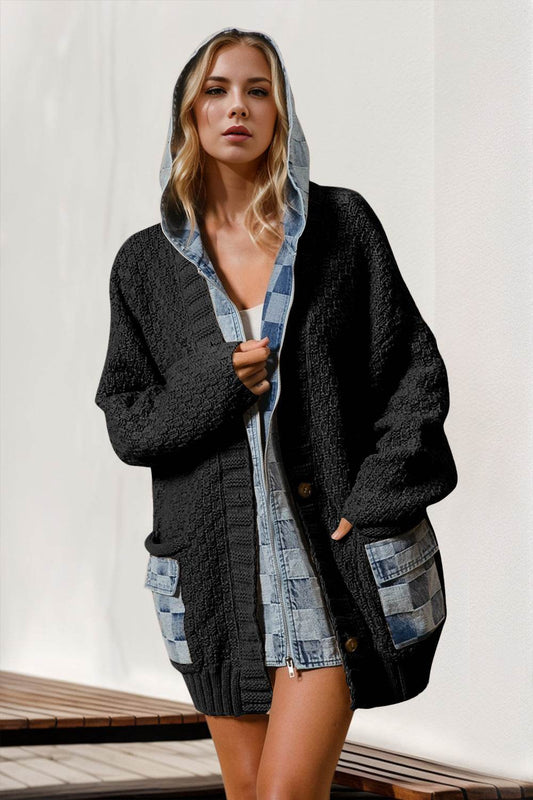Double Take Full Size Hooded Denim Spliced Sweater Cardigan - Hovatok
