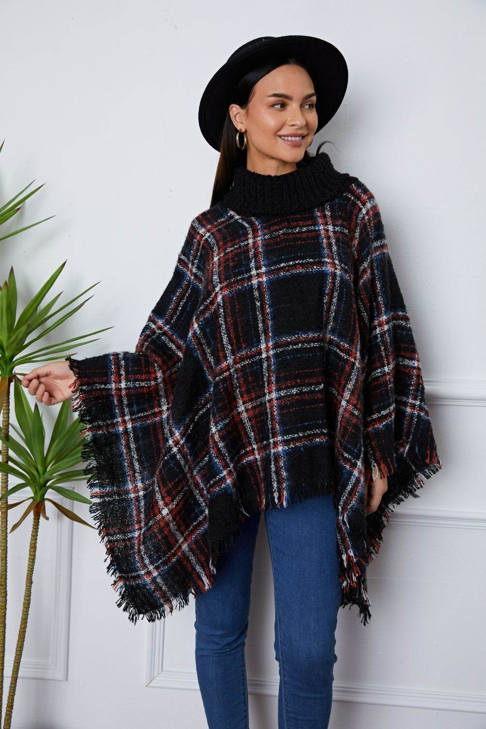 Shiny Turtleneck Plaid Raw Hem Sweater - Hovatok
