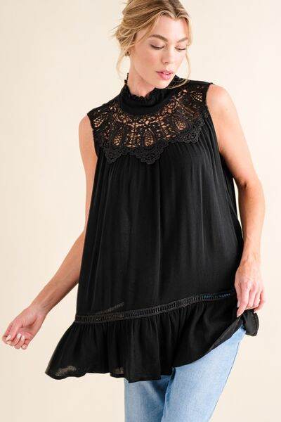 And The Why Lace Detail Sleeveless Ruffled Top - Hovatok