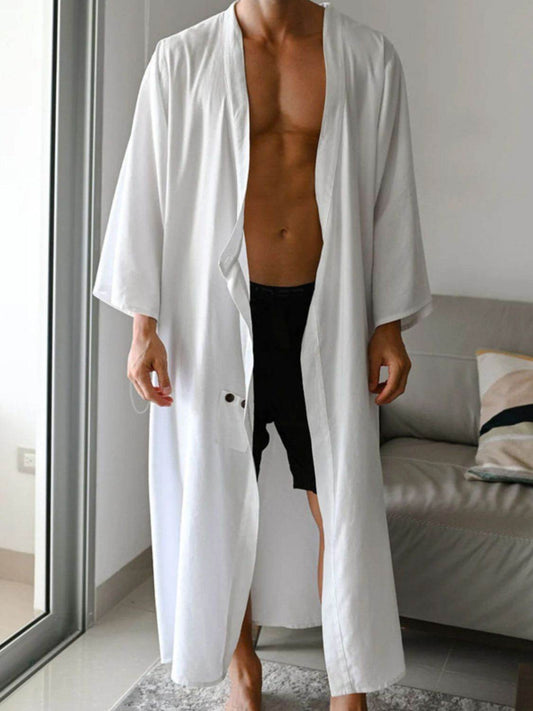 Men's Full Size Button Detail Long Sleeve Cover-Up Plus Size - Hovatok