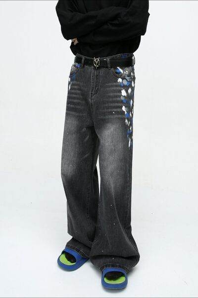 Watercolor Wide Leg Jeans with Pockets - Hovatok