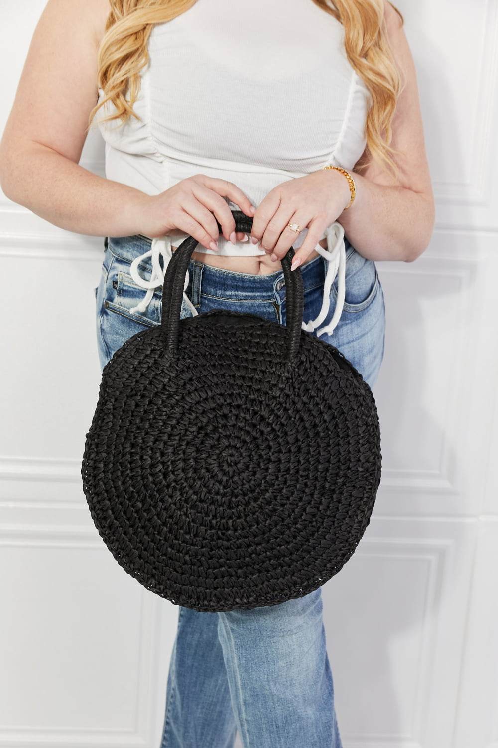 Justin Taylor Beach Date Straw Rattan Handbag in Black - Hovatok