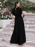 Embroidered Ruched Short Sleeve Jumpsuit - Hovatok