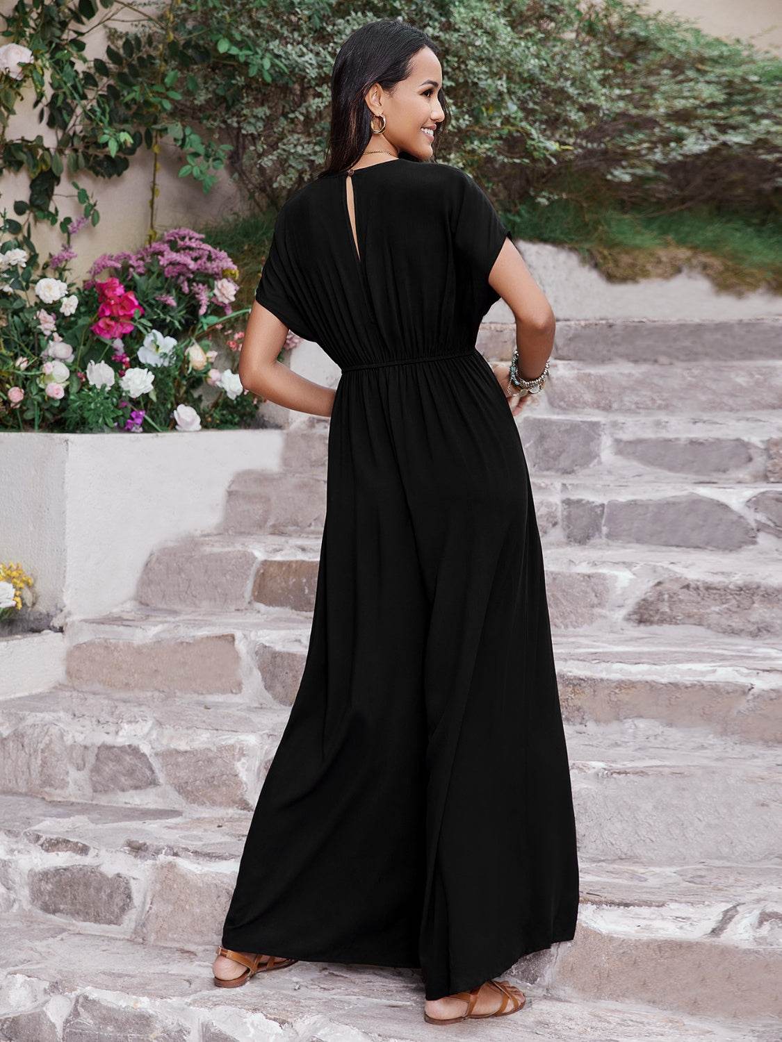 Embroidered Ruched Short Sleeve Jumpsuit - Hovatok