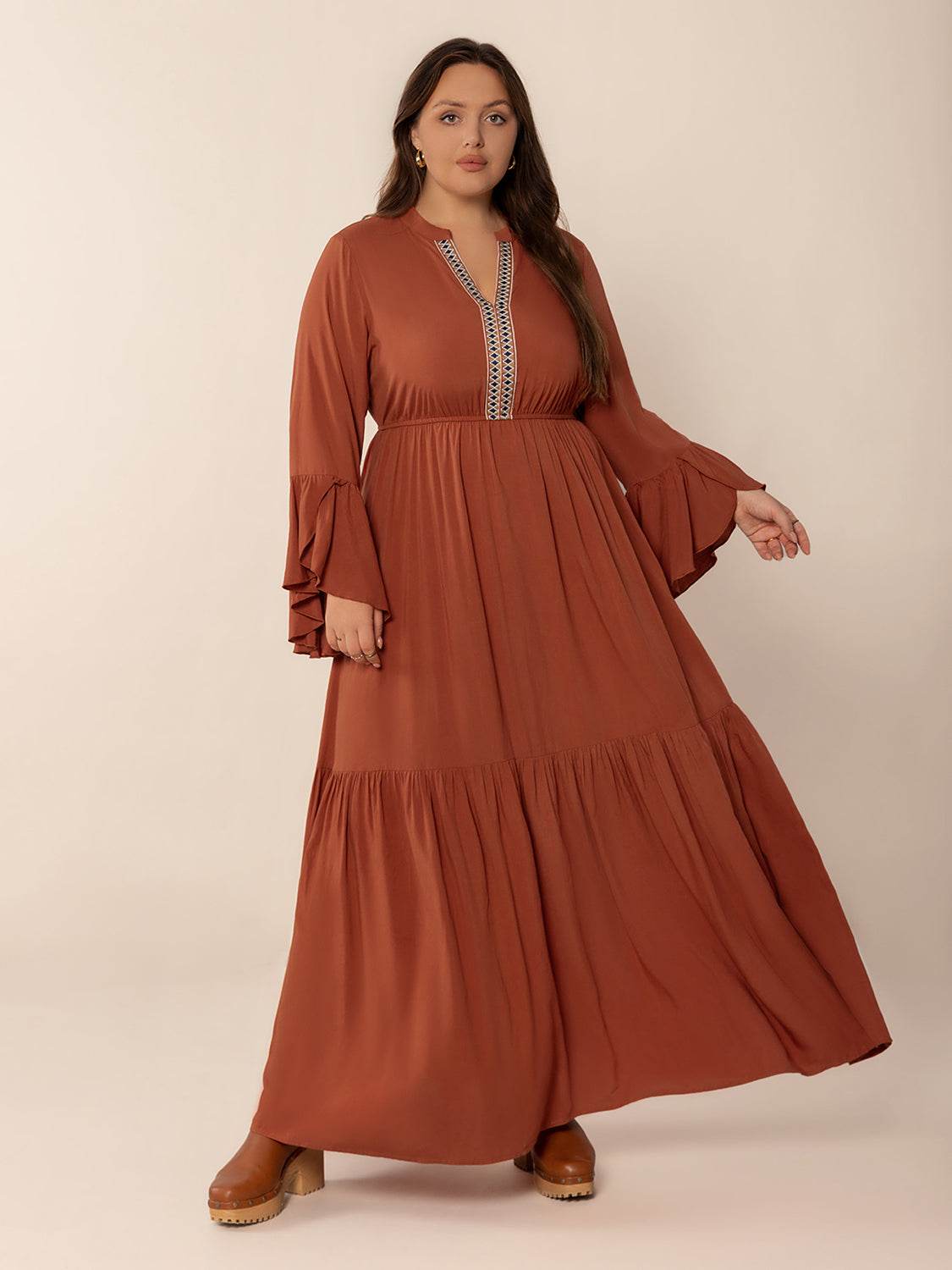 Plus Size Ruffled Notched Long Sleeve Midi Dress - Hovatok