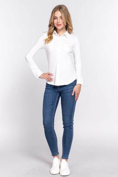 ACTIVE BASIC Long Sleeve Front Pocket DTY Brushed Shirt - Hovatok