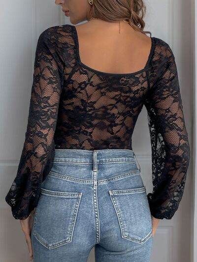 Perfee Lace V-Neck Long Sleeve Bodysuit - Hovatok