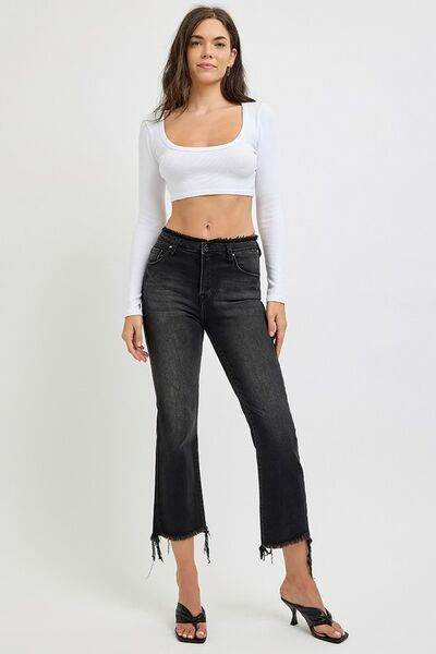 RISEN Full Size Raw Hem Cropped Flare Jeans Plus Size - Hovatok