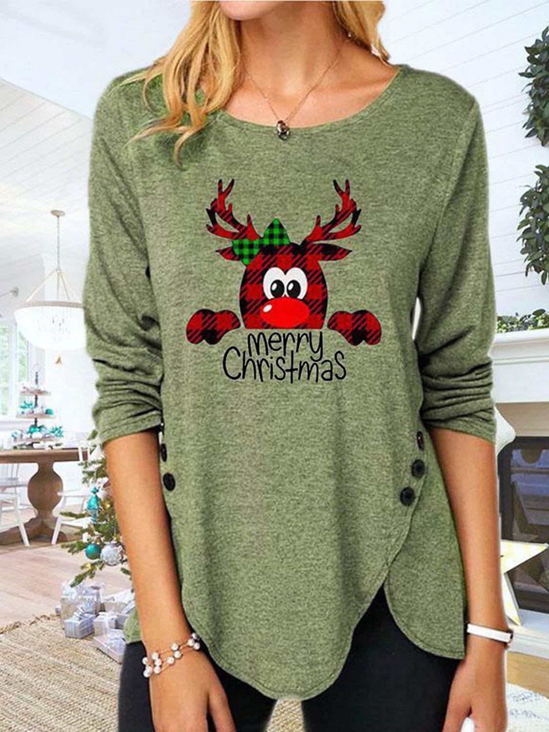 Full Size Reindeer Round Neck Long Sleeve T-Shirt - Hovatok