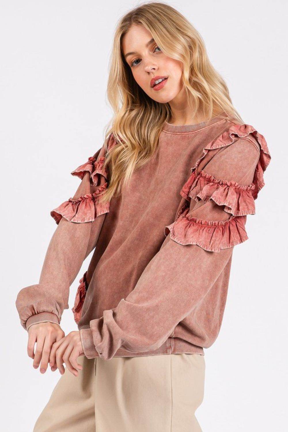 Mittoshop Ruffled Mineral Washed Round Neck Long Sleeve Sweatshirt - Hovatok