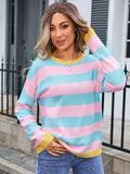 Angel Wings Striped Round Neck Dropped Shoulder Sweater - Hovatok