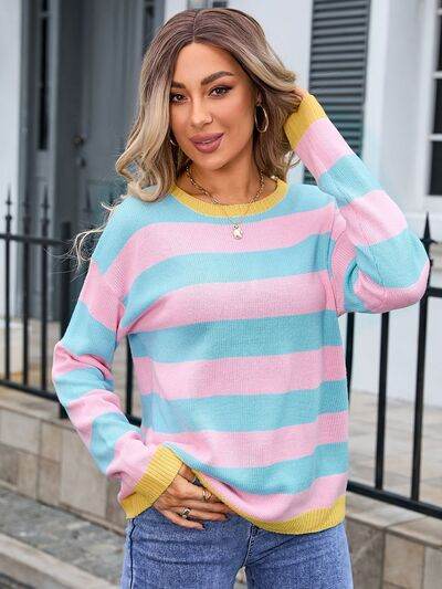 Angel Wings Striped Round Neck Dropped Shoulder Sweater - Hovatok