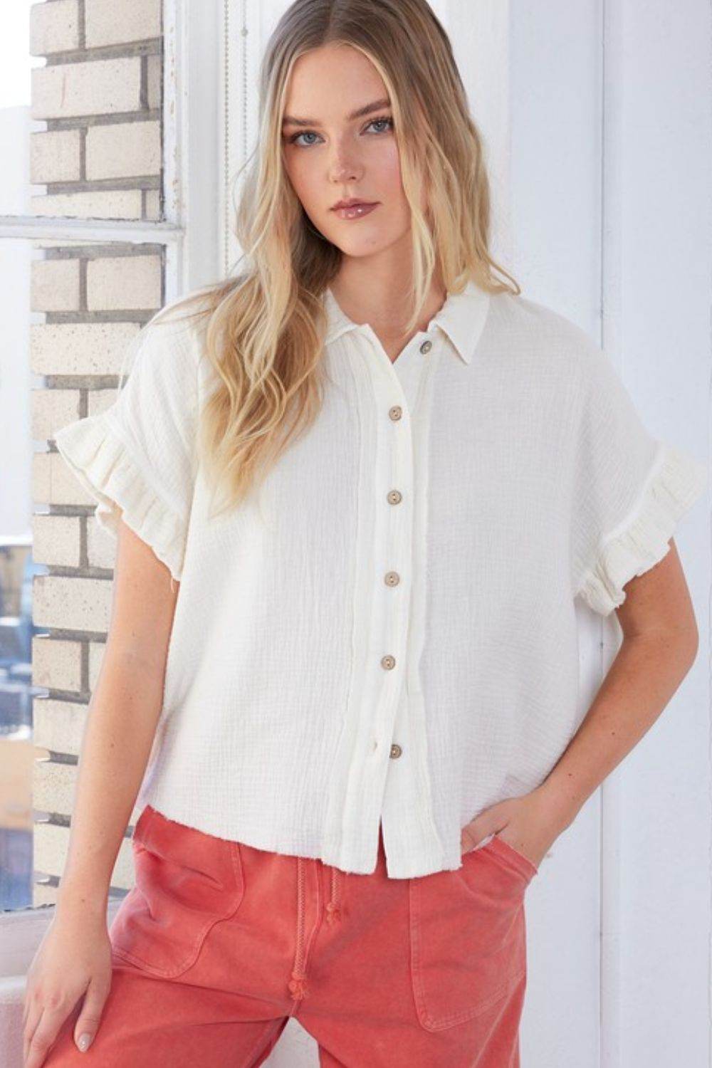 Mittoshop Mineral Washed Button Down Flounce Sleeve Shirt - Hovatok