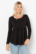 Be Stage Full Size Texture Babydoll Round Neck Long Sleeve Knit Top - Hovatok