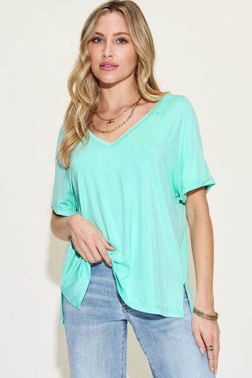 Basic Bae Full Size Bamboo Slit V-Neck Short Sleeve T-Shirt - Hovatok
