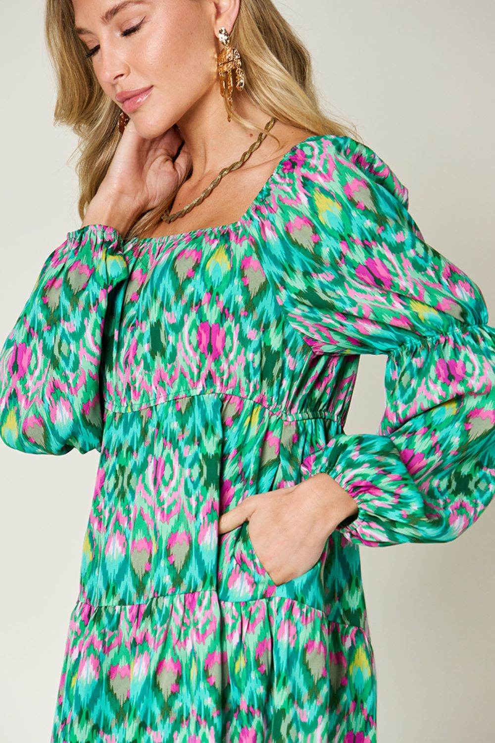 Double Take Full Size Printed Long Sleeve Dress - Hovatok