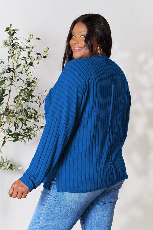Basic Bae Full Size Ribbed Round Neck Slit Knit Top - Hovatok