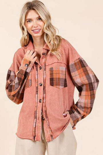 Mittoshop Button Down Contrast Plaid Patchwork Shacket - Hovatok