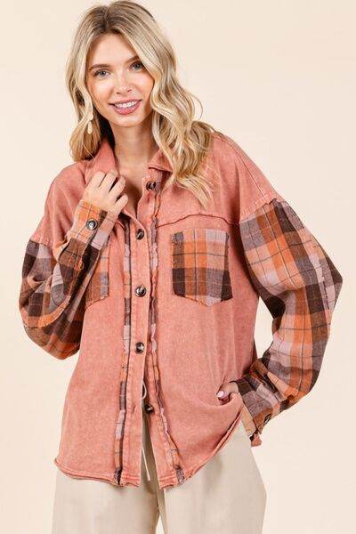 Mittoshop Button Down Contrast Plaid Patchwork Shacket - Hovatok