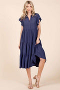 Mittoshop Ruffle Sleeve Collared V Neck Tiered Midi Dress - Hovatok