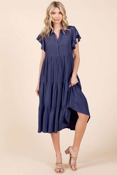 Mittoshop Ruffle Sleeve Collared V Neck Tiered Midi Dress - Hovatok