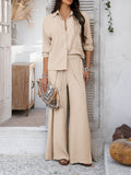 Devine Button Down Long Sleeve Top and Wide Leg Pants Set - Hovatok