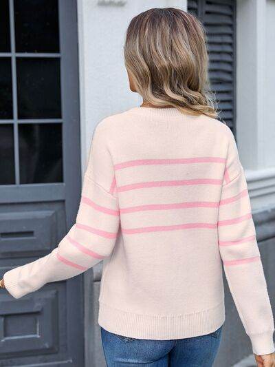 Angel Wings Striped Round Neck Long Sleeve Sweater - Hovatok
