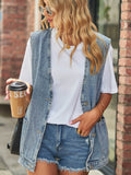 Full Size V-Neck Button Up Denim Vest - Hovatok