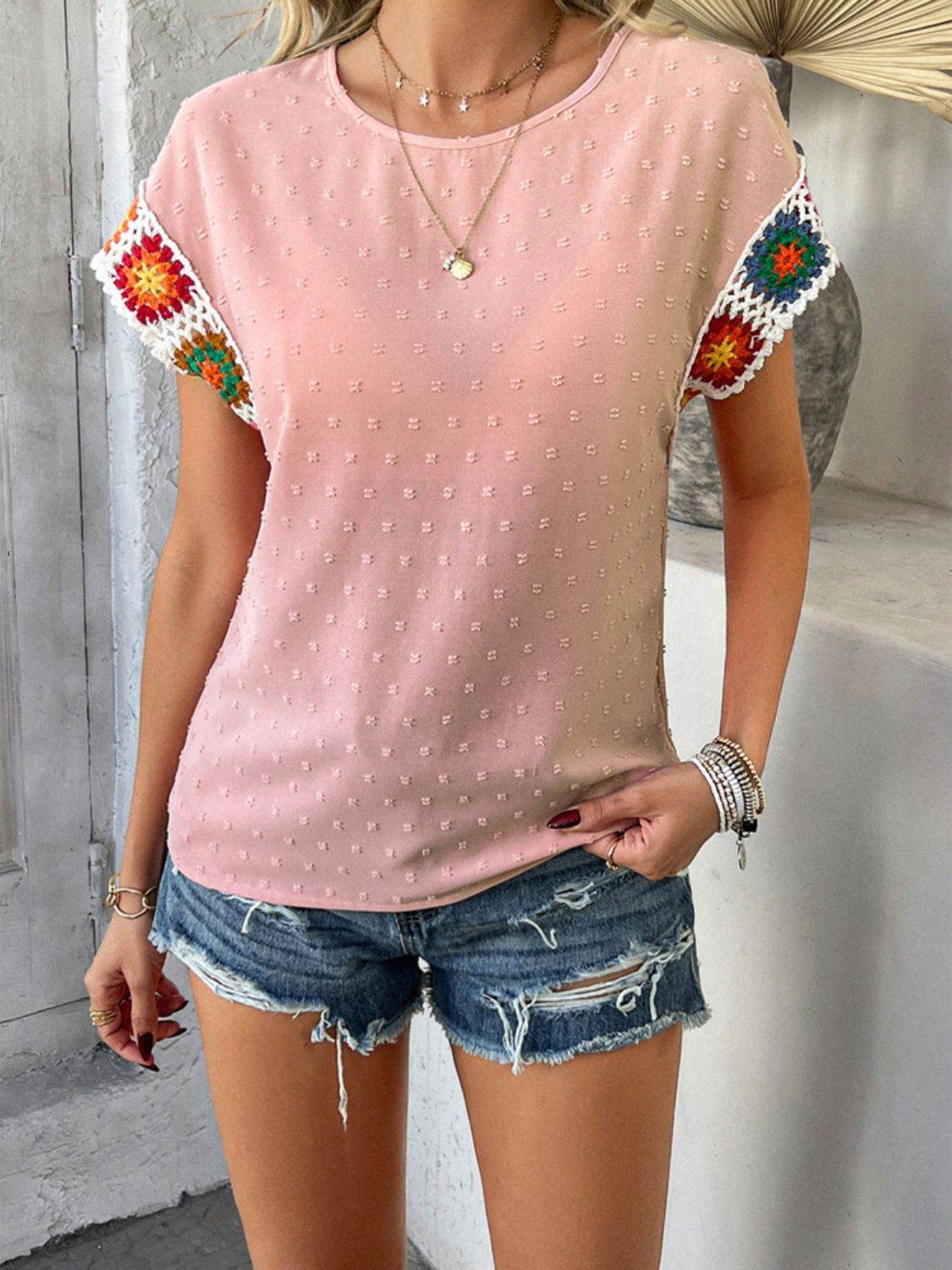 Devine Swiss Dot Round Neck Crochet Short Sleeve Top - Hovatok