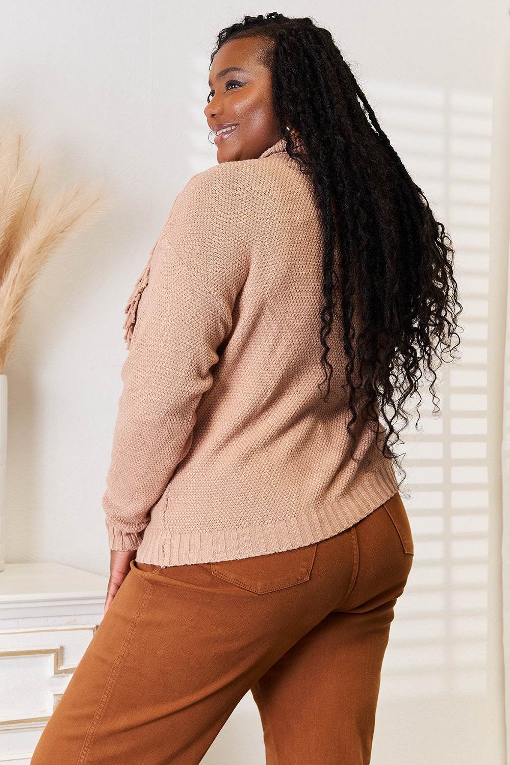 Woven Right Turtleneck Fringe Front Long Sleeve Sweater - Hovatok