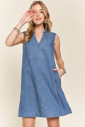 ADORA Notched Sleeveless Denim Dress with Pockets - Hovatok