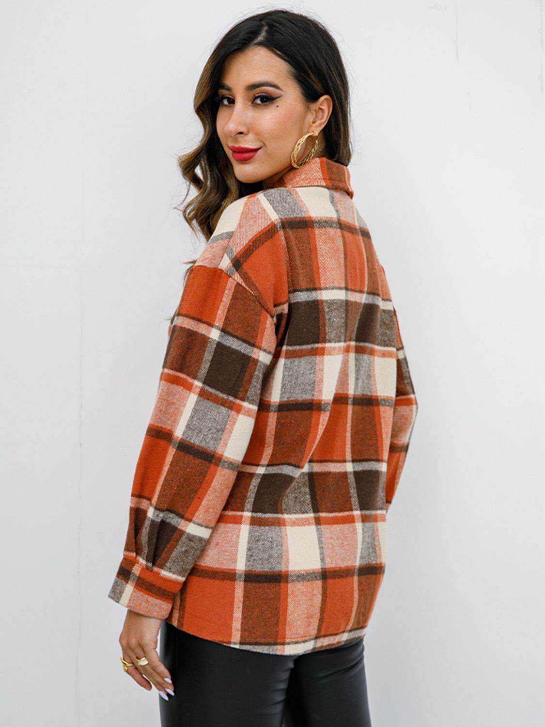 Shiny Plaid Button Up Collared Neck Jacket - Hovatok